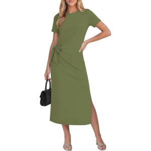 image:imageGRAPENT Long Dresses for Women Casual Summer Side Split Beach Vacation Short Sleeve Self Tie 2026 Comfy Tshirt DressArmy Green