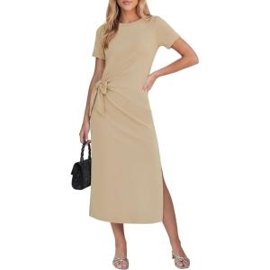 image:imageGRAPENT Long Dresses for Women Casual Summer Side Split Beach Vacation Short Sleeve Self Tie 2026 Comfy Tshirt DressBeige