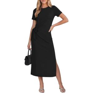 image:imageGRAPENT Long Dresses for Women Casual Summer Side Split Beach Vacation Short Sleeve Self Tie 2026 Comfy Tshirt DressBlack