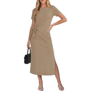 image:imageGRAPENT Long Dresses for Women Casual Summer Side Split Beach Vacation Short Sleeve Self Tie 2026 Comfy Tshirt DressCoffee