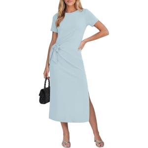 image:imageGRAPENT Long Dresses for Women Casual Summer Side Split Beach Vacation Short Sleeve Self Tie 2026 Comfy Tshirt DressDenim Blue