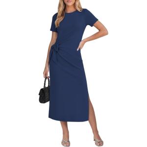 image:imageGRAPENT Long Dresses for Women Casual Summer Side Split Beach Vacation Short Sleeve Self Tie 2026 Comfy Tshirt DressNavy Blue