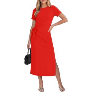 image:imageGRAPENT Long Dresses for Women Casual Summer Side Split Beach Vacation Short Sleeve Self Tie 2026 Comfy Tshirt DressRed
