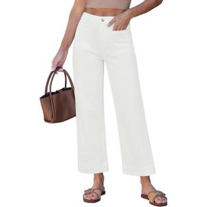image:imageGRAPENT Wide Leg Jeans for Women Cropped High Waisted Trendy Patch Pocket Baggy Loose Straight Leg Stretchy Denim PantsCream White