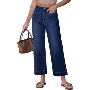 image:imageGRAPENT Wide Leg Jeans for Women Cropped High Waisted Trendy Patch Pocket Baggy Loose Straight Leg Stretchy Denim PantsDarkness Blue