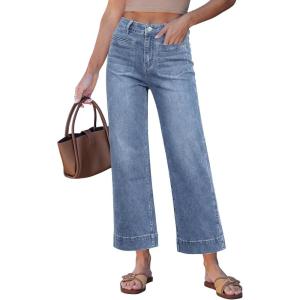 image:imageGRAPENT Wide Leg Jeans for Women Cropped High Waisted Trendy Patch Pocket Baggy Loose Straight Leg Stretchy Denim PantsOcean Blue