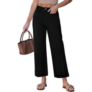 image:imageGRAPENT Wide Leg Jeans for Women Cropped High Waisted Trendy Patch Pocket Baggy Loose Straight Leg Stretchy Denim PantsTrue Black