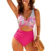 image:imageGPAPENT One Piece Swimsuit Women V Neck Cross Front Cut Out Printed Color Block Ruched High Waisted Bathing Suits SwimwearMagenta Pink Floral