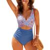 image:imageGPAPENT One Piece Swimsuit Women V Neck Cross Front Cut Out Printed Color Block Ruched High Waisted Bathing Suits SwimwearMykonos Blue Pink Floral