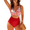 image:imageGPAPENT One Piece Swimsuit Women V Neck Cross Front Cut Out Printed Color Block Ruched High Waisted Bathing Suits SwimwearRed Pink Floral
