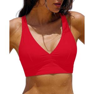 image:imageGRAPENT Bikini Top for Women V Neck Ruched Criss Cross Padded Beach Vacation Bathing Suit Modest Cute Swim Suit Top OnlyRed