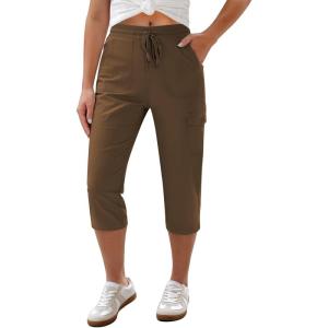 image:imageGRAPENT Capri Pants for Women Cargo Elastic Waist Pull On Drawstring Summer Casual Capris Cotton Chino Cropped PantsBrown