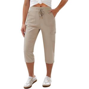 image:imageGRAPENT Capri Pants for Women Cargo Elastic Waist Pull On Drawstring Summer Casual Capris Cotton Chino Cropped PantsCreamy Beige
