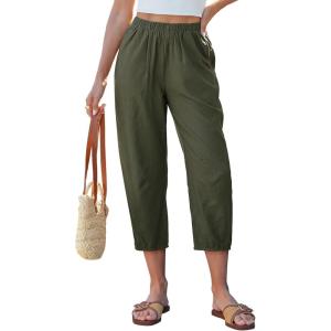 image:imageGRAPENT Capri Pants for Women Linen Barrel High Waisted Pull On Elastic Waist Casual Summer Capris Beach Vacation PantsArmy Green