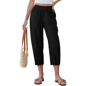 image:imageGRAPENT Capri Pants for Women Linen Barrel High Waisted Pull On Elastic Waist Casual Summer Capris Beach Vacation PantsBlack