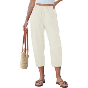 image:imageGRAPENT Capri Pants for Women Linen Barrel High Waisted Pull On Elastic Waist Casual Summer Capris Beach Vacation PantsCream White