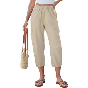 image:imageGRAPENT Capri Pants for Women Linen Barrel High Waisted Pull On Elastic Waist Casual Summer Capris Beach Vacation PantsKhaki
