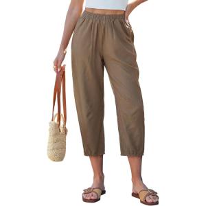 image:imageGRAPENT Capri Pants for Women Linen Barrel High Waisted Pull On Elastic Waist Casual Summer Capris Beach Vacation PantsLatte Brown