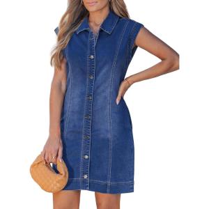 image:imageGRAPENT Denim Dress for Women Stretchy Cap Sleeve Button Down Casual Collared Above Knee Short Jean Dresses with PocketsClassic Blue