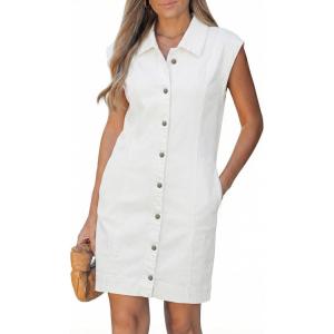 image:imageGRAPENT Denim Dress for Women Stretchy Cap Sleeve Button Down Casual Collared Above Knee Short Jean Dresses with PocketsCream White
