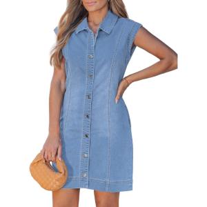 image:imageGRAPENT Denim Dress for Women Stretchy Cap Sleeve Button Down Casual Collared Above Knee Short Jean Dresses with PocketsMedium Blue