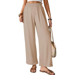 image:imageGRAPENT Linen Pants for Women Wide Leg High Waisted Paper Bag Smocked Waist Casual Summer Beach Vacation Palazzo PantsAlmond