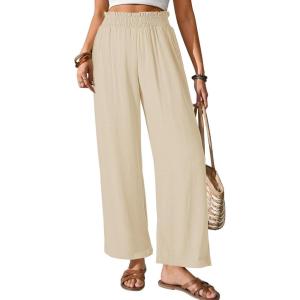 image:imageGRAPENT Linen Pants for Women Wide Leg High Waisted Paper Bag Smocked Waist Casual Summer Beach Vacation Palazzo PantsBeige