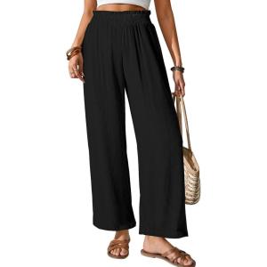image:imageGRAPENT Linen Pants for Women Wide Leg High Waisted Paper Bag Smocked Waist Casual Summer Beach Vacation Palazzo PantsBlack
