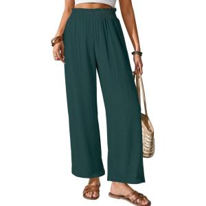 image:imageGRAPENT Linen Pants for Women Wide Leg High Waisted Paper Bag Smocked Waist Casual Summer Beach Vacation Palazzo PantsDeep Teal