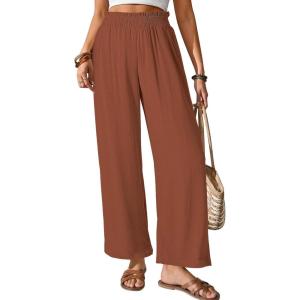 image:imageGRAPENT Linen Pants for Women Wide Leg High Waisted Paper Bag Smocked Waist Casual Summer Beach Vacation Palazzo PantsRust