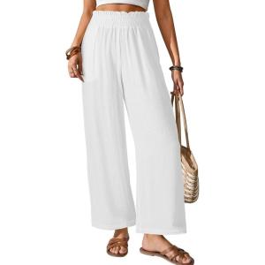 image:imageGRAPENT Linen Pants for Women Wide Leg High Waisted Paper Bag Smocked Waist Casual Summer Beach Vacation Palazzo PantsWhite