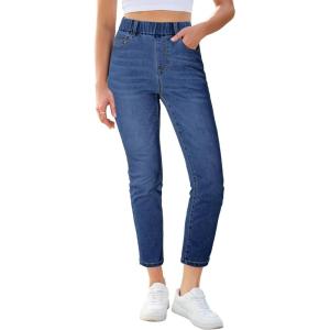 image:imageGRAPENT Slim Straight Leg Jeans for Women Cropped High Waisted Pull On Elastic Waist Stretchy Denim Pants Trouser JeansClassic Blue
