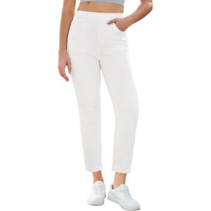image:imageGRAPENT Slim Straight Leg Jeans for Women Cropped High Waisted Pull On Elastic Waist Stretchy Denim Pants Trouser JeansCream White