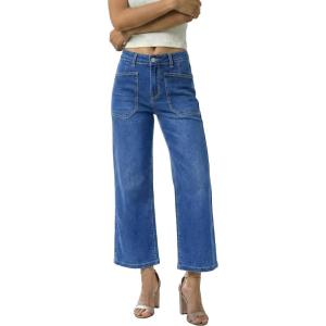 image:imageGRAPENT Wide Leg Jeans Woman Trendy Cropped High Waisted Patch Pocket Stretch Denim Pants Baggy Loose Straight Leg JeansClassic Blue