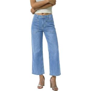 image:imageGRAPENT Wide Leg Jeans Woman Trendy Cropped High Waisted Patch Pocket Stretch Denim Pants Baggy Loose Straight Leg JeansSeaside Blue