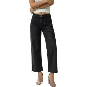 image:imageGRAPENT Wide Leg Jeans Woman Trendy Cropped High Waisted Patch Pocket Stretch Denim Pants Baggy Loose Straight Leg JeansWashed Black