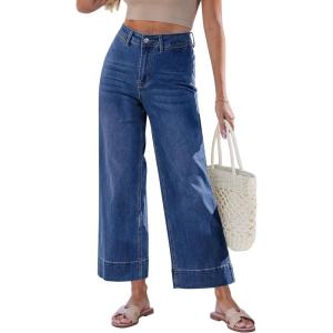 image:imageGRAPENT Wide Leg Jeans for Women Cropped Trendy High Waisted Welt Pocket Stretchy Denim Pants Distressed Trouser JeansClassic Blue
