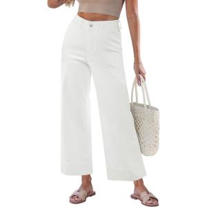 image:imageGRAPENT Wide Leg Jeans for Women Cropped Trendy High Waisted Welt Pocket Stretchy Denim Pants Distressed Trouser JeansCream White