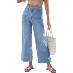 image:imageGRAPENT Wide Leg Jeans for Women Cropped Trendy High Waisted Welt Pocket Stretchy Denim Pants Distressed Trouser JeansLakeside Blue