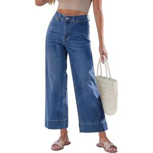 image:imageGRAPENT Wide Leg Jeans for Women Cropped Trendy High Waisted Welt Pocket Stretchy Denim Pants Distressed Trouser JeansMedium Blue