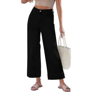 image:imageGRAPENT Wide Leg Jeans for Women Cropped Trendy High Waisted Welt Pocket Stretchy Denim Pants Distressed Trouser JeansTrue Black