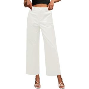 image:imageGRAPENT Wide Leg Pants for Women Cropped Chino High Waisted Business Casual Elastic Waist Work Trouser Pants with PocketCream White