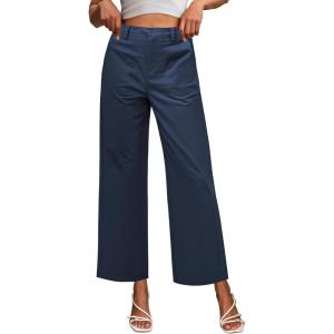image:imageGRAPENT Wide Leg Pants for Women Cropped Chino High Waisted Business Casual Elastic Waist Work Trouser Pants with PocketDark Blue