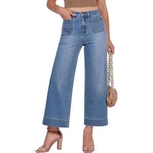 image:imageGRAPENT Cropped Jeans for Women Trendy 2026 Wide Leg High Waisted Patch Pocket Stretchy Denim Pants Short Trouser JeansTimeless Blue