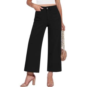 image:imageGRAPENT Cropped Jeans for Women Trendy 2026 Wide Leg High Waisted Patch Pocket Stretchy Denim Pants Short Trouser JeansTrue Black