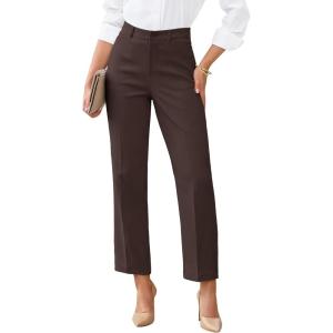 image:imageGRAPENT Womens Dress Pants Business Casual Ankle Straight Leg Trousers Elastic Waist Office Work Pants with PocketsChocolate Brown