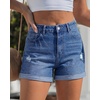 image:imageGRAPENT Jean Shorts Womens High Waisted Trendy Cuffed Hem Ripped Stretchy Casual 2026 Denim Jorts Summer ShortsClassic Blue