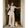 image:imageGRAPENT Linen Pants Women Wide Leg Ruffle Hem Pull On High Waisted Elastic Waist Cropped Ankle Casual Beach Summer PantsBeige