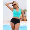 image:imageGRAPENT Bikini Tops for Women Cropped Tankini Tops Beach Ruched Knot Cut Out Padded Adjustable Swimwear Swim Top OnlyAqua Blue