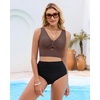 image:imageGRAPENT Bikini Tops for Women Cropped Tankini Tops Beach Ruched Knot Cut Out Padded Adjustable Swimwear Swim Top OnlyCoffee Brown